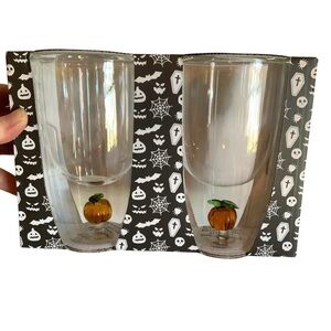 Drinking‎ Glasses Set of 2 Pumpkin Double Walled Cold Beverage Cups Glass NWT